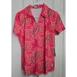 Jofit Women's Pink Palm Leaves Vera Golf Polo Shirt- Size Small